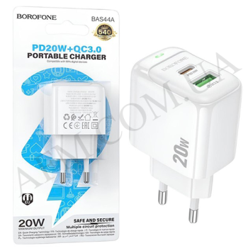 СЗУ блок Borofone BAS44A PD20W + QC3.0 (1USB/ 1Type-C) білий