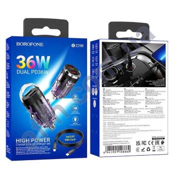 АЗП блок Borofone BZ29B Outstanding PD36W + кабель Type-C - Type-C чорний